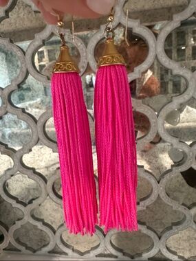 Bright Pink Tassel Drop Earrings with Gold Accents